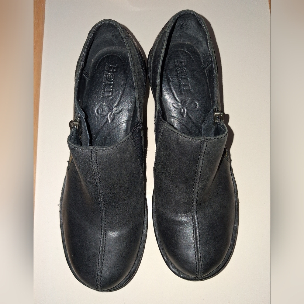 BORN Genuine SOFT Leather Clog Shoes - Black Slip On Side Zipper Womens Size 7.5 - Picture 9 of 16
